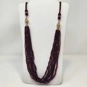 Talbots Faceted Ruby Red Glass Bead Necklace Gold Tone Bauble Multi Strand New